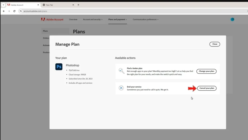Highlighting option of Cancel your plan in official website