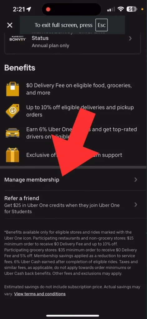 showing manage membership of uber one account