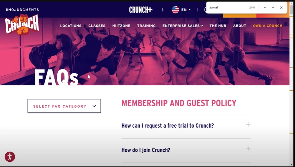 Crunch Fitness official website homescreen