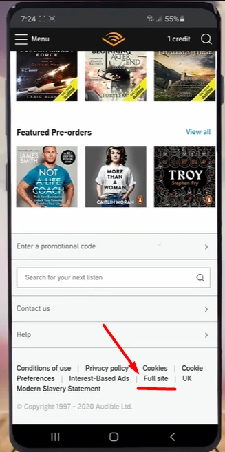 after scrolling down to the footer pointing towards option "full site"