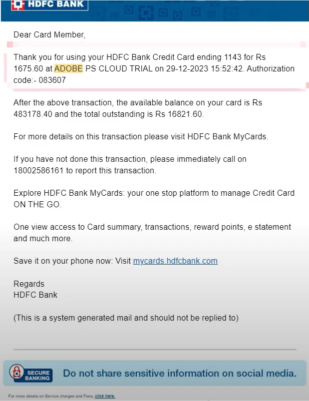 HDFC Email they have charged amount against adobe
