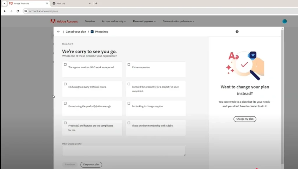 Options why you want to cancel the adobe plan