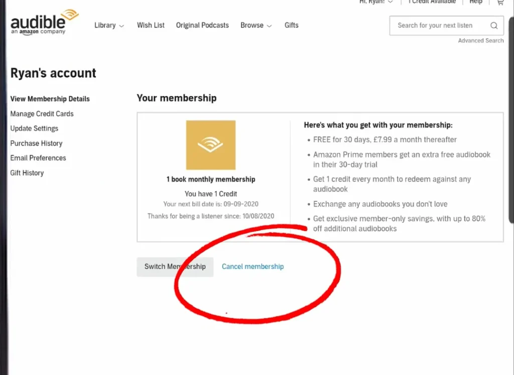 zoomed in picture of membership screen and highlighted "cencel membership
