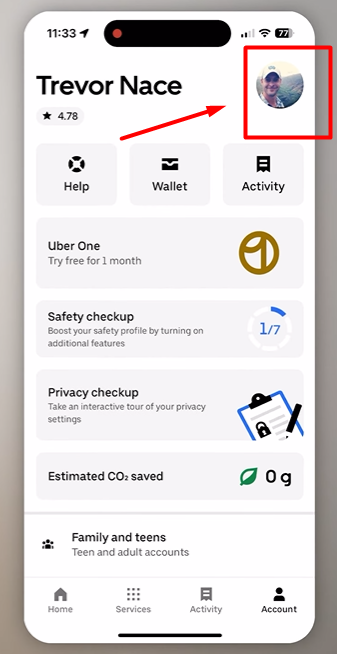 in account section pointing towards profile picture of uber account