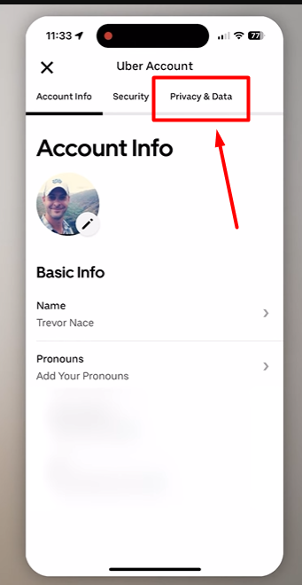 pointing towards Privacy and Data option in the app