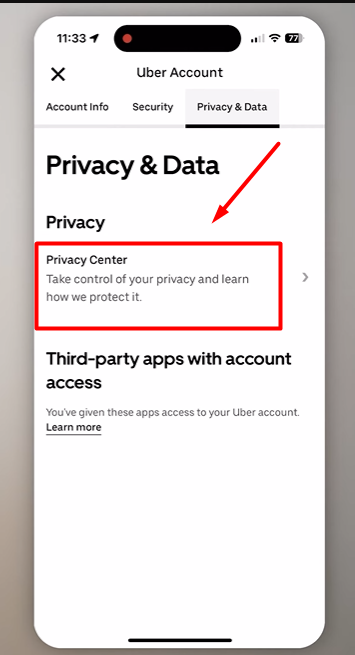Tap on Privacy Center in the data and privacy option