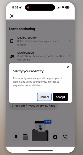 Showing Verification notification from uber app after clicking deletion of account