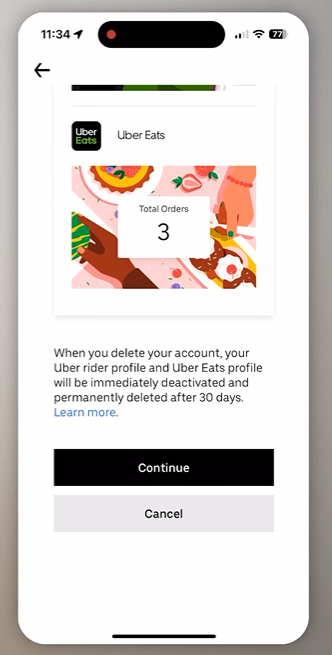 Screenshot of uber app showing Continue button towards permanent deleting of account