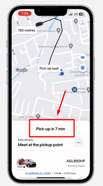 screenshot of uber app pointing towards Pickup in 7 minutes
