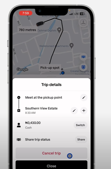 Screenshot of Uber app high lightning the button of "Cancel Trip"