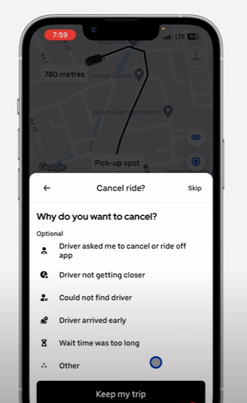 On tapping on button cancel trip, uber app asking reason for cancelation