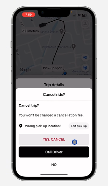 Screenshot of uber app showing confirmation notification if user really want to cancel the uber ride