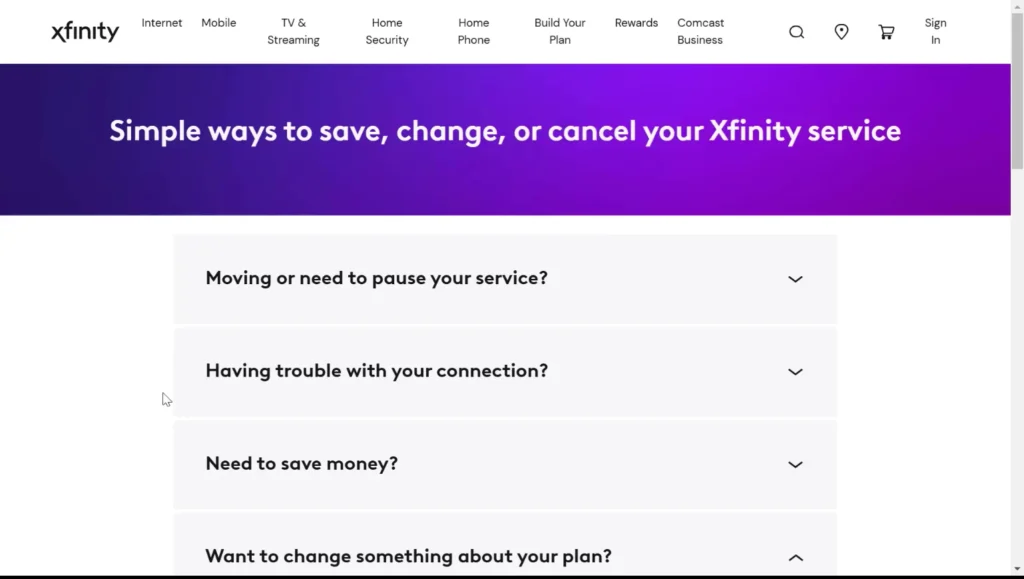 screenshot of official cancellation page of Xfinity store