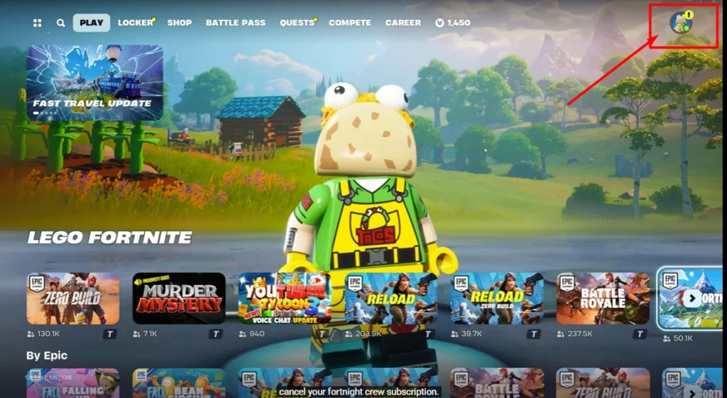 Pointing towards profile image in the Fortnite Crew game on the pc