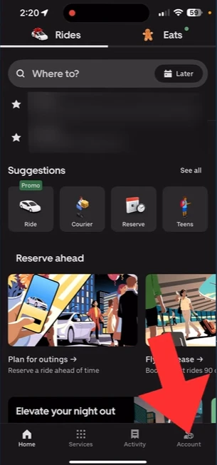 Screenshot of uber app and pointing towards account option