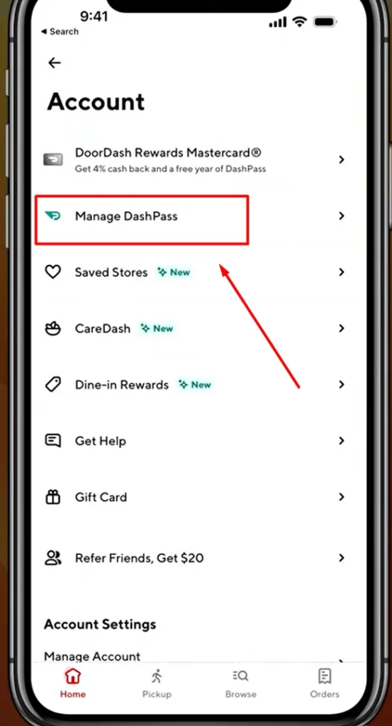 Manage DashPass option in the app