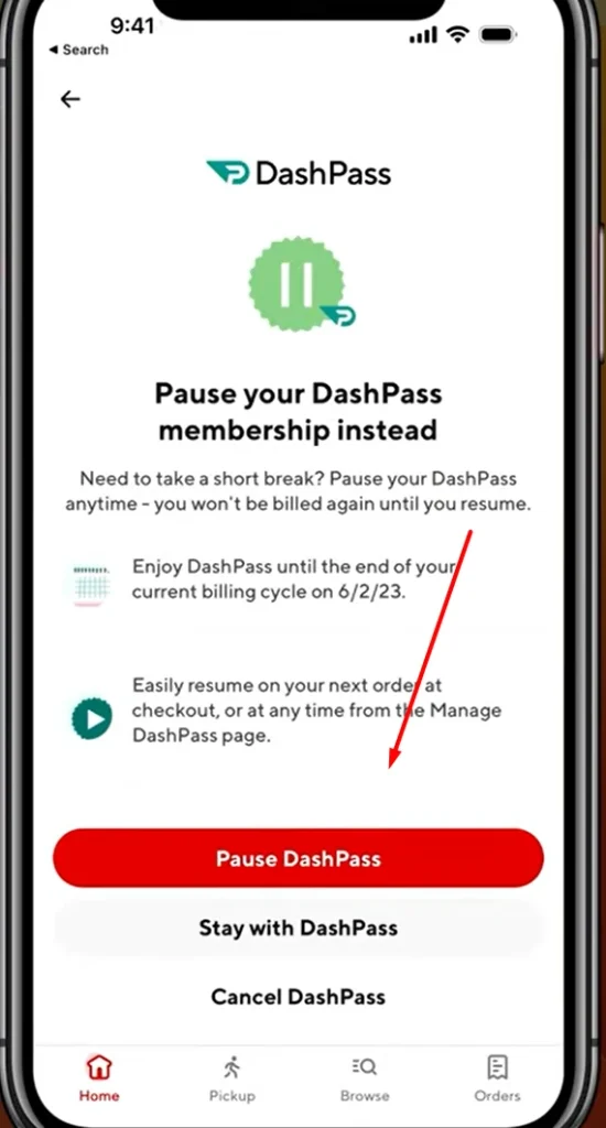select suitable option pause or Cancel dashpass