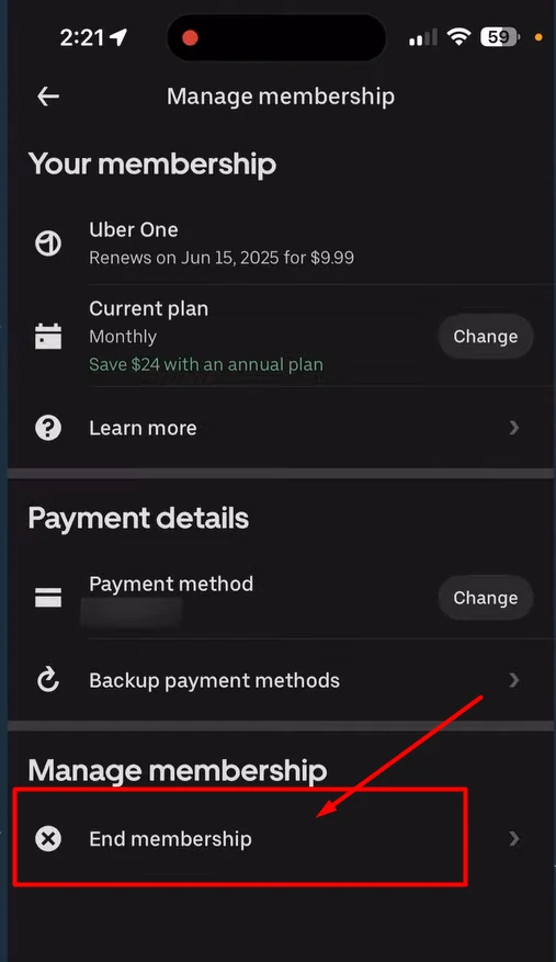 screenshot showing the highlighted option of end membership of uber one account