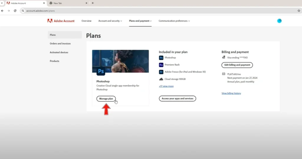 mange plan option in the adobe website