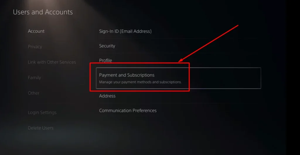 highlighted payment and subscription option in pS5