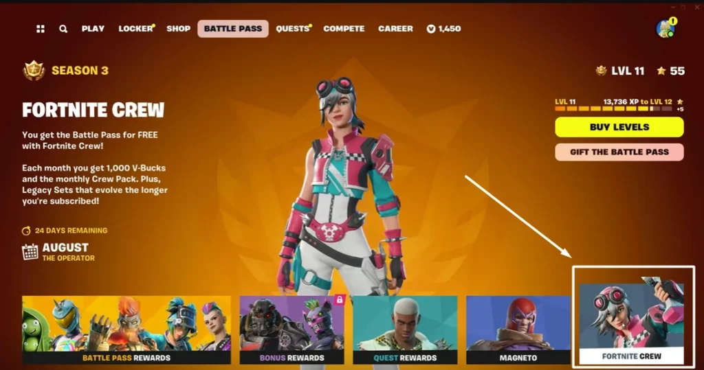 in Battle Pass option highlining Fortnite Crew game to select