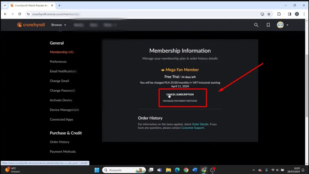 Cancel Membership options in crunchyroll 