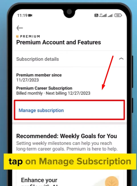 tap on manage subscription option to cancel linkedin premium