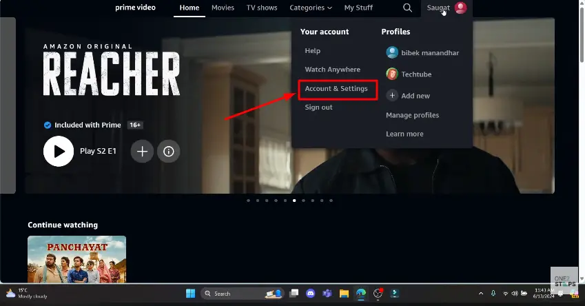 account and setting option of amazon prime video