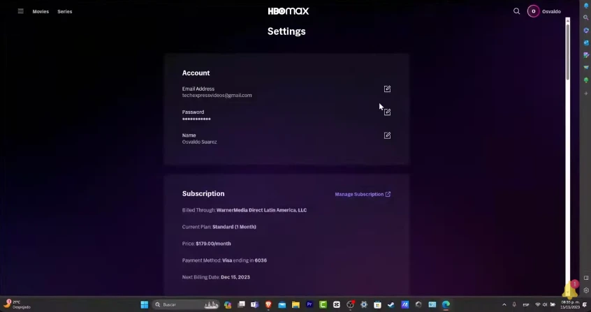 settings and user information about hbo max account