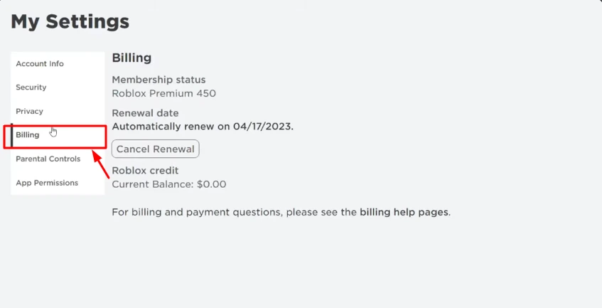 billing menu of roblox account