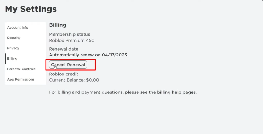 cancel renewal button of roblox