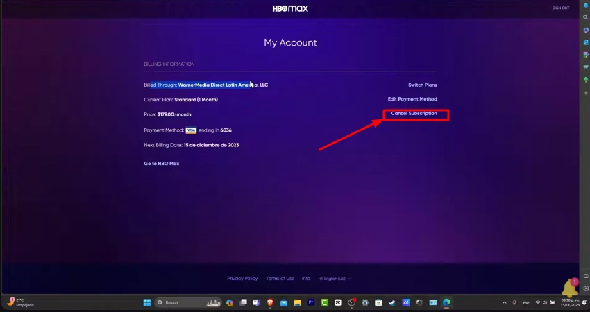 cancel subscription button of hbo max account
