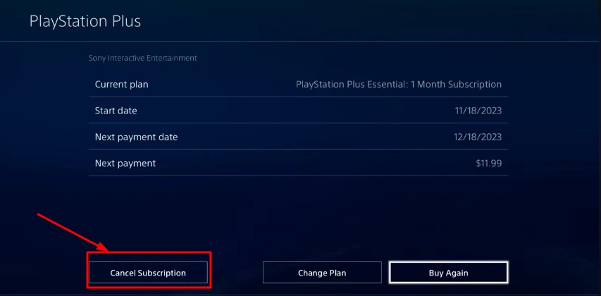cancel subscription button of PS account