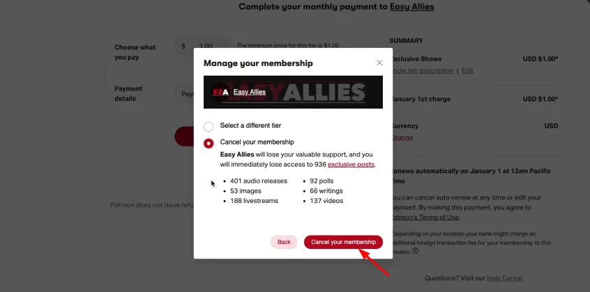 confirm to cancel membership of patreon