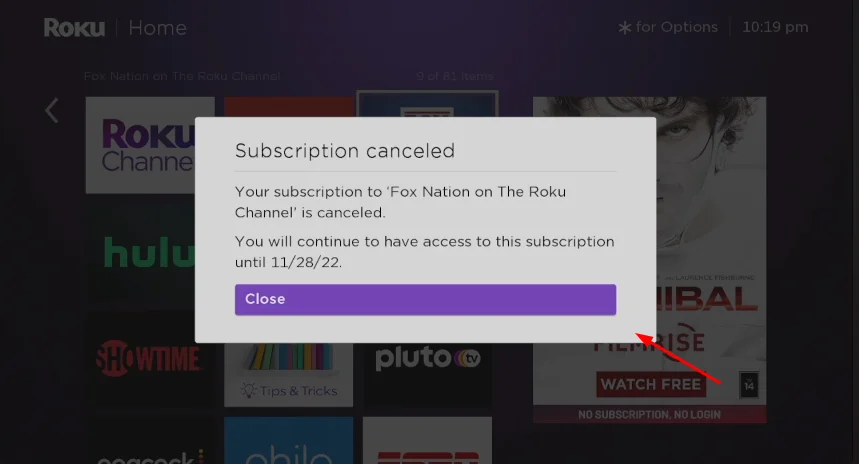 close button after cancelation the subscription