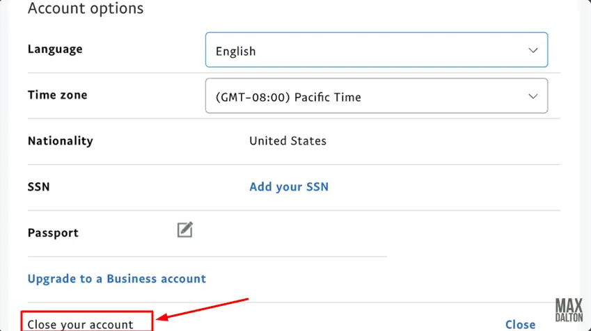 close your account button of paypal account