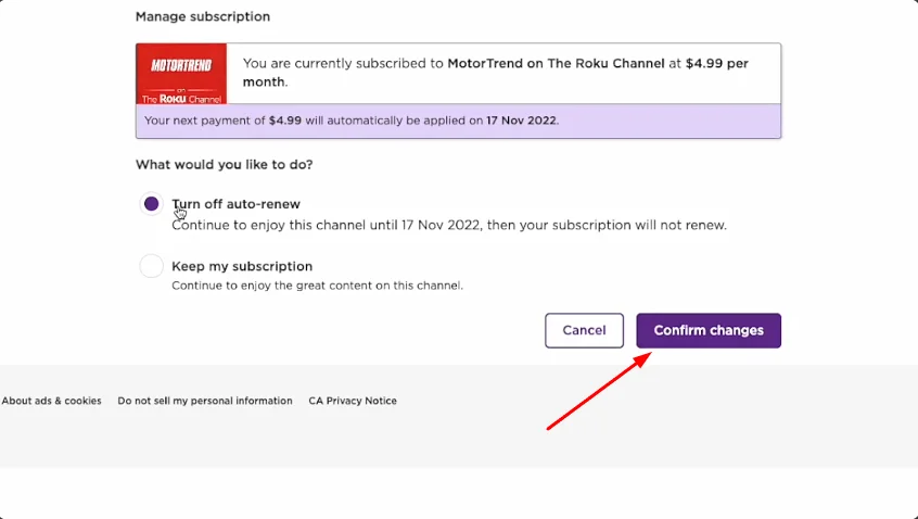 confirm changes after cancel subscription