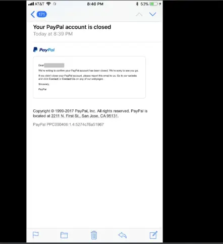 email verifaction screenshot of paypal account deletion confirmation
