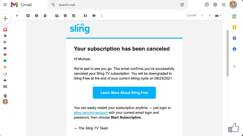 email confirmation on unsub sling tv