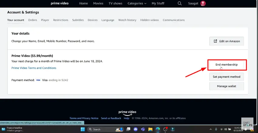 end membership option of amazon prime video