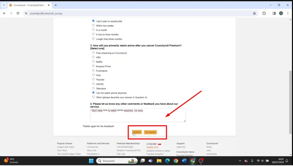 confirmation before submitting cancel crunchyroll membership request 