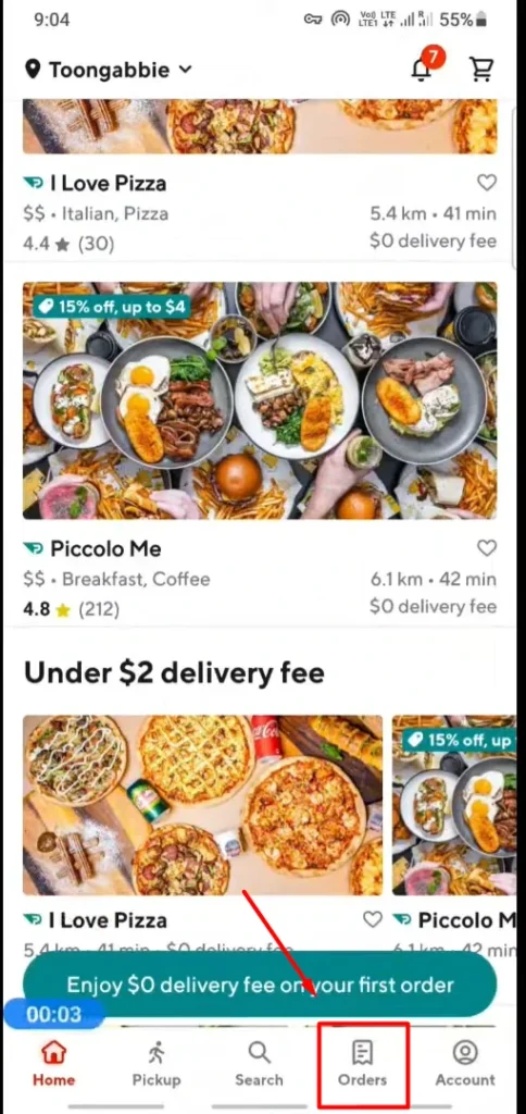 pointing towards orders button in footer of doordash app