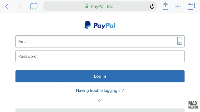 login form of paypal account