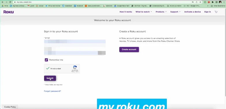 login form of rokutv
