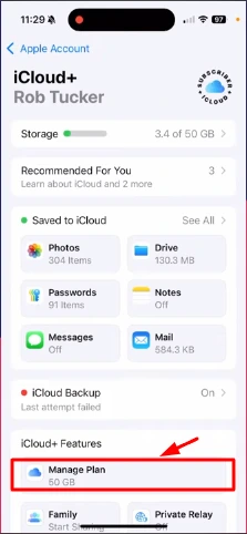 manage plan of icloud account