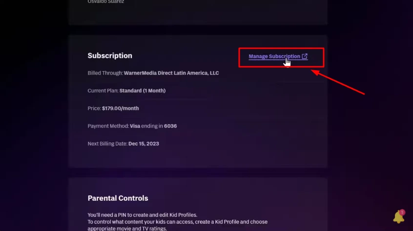 manage subscription button of hbo max account