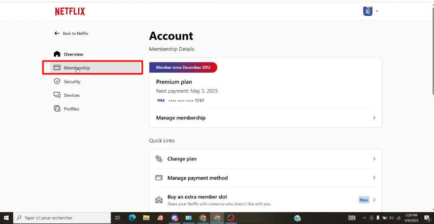 membership button left menu of account settings