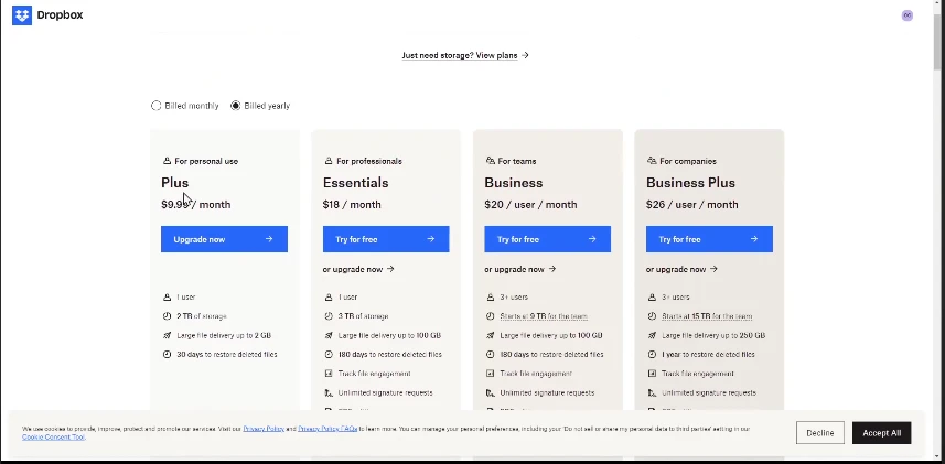 subscription plans of your dropbox account