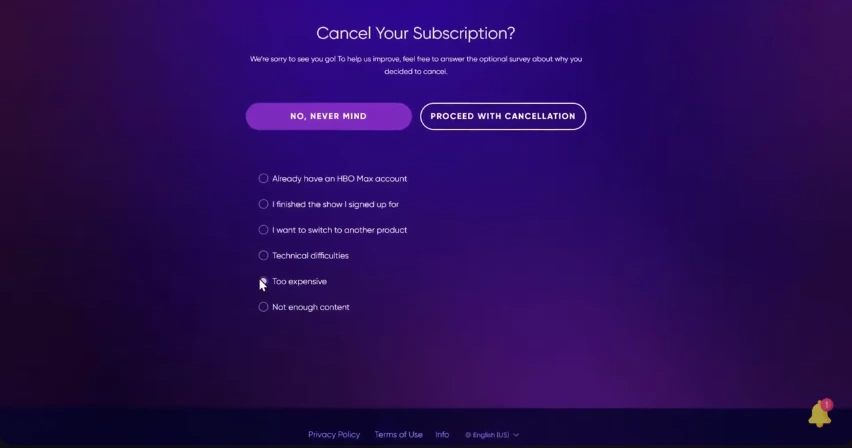 reason choosing why you want to cancel this subscription