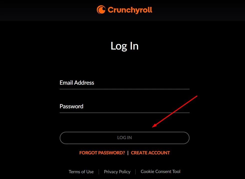 Login page of Crunchyroll 